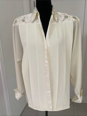 Jacob Dale Vintage Sheer Cream blouse Embroidered Yoke Button-Up Blouse Size 38